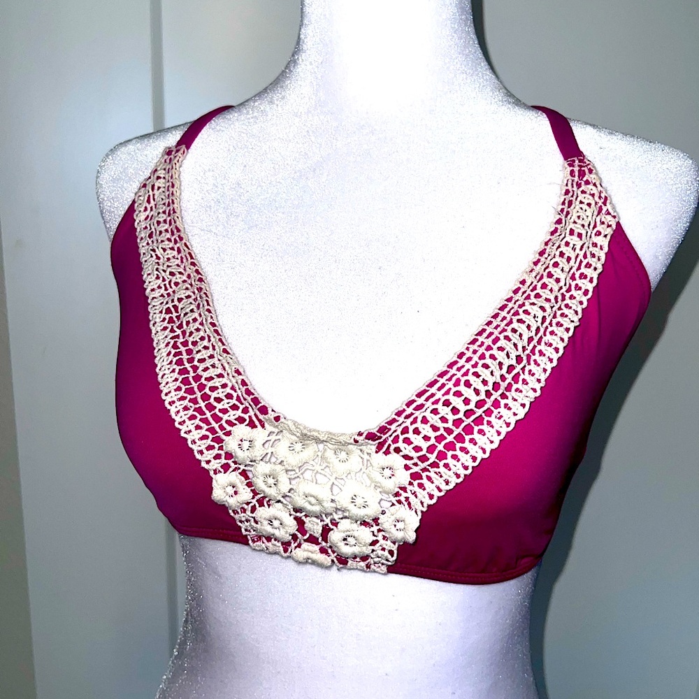 LUCKY crochet hot pink cross cross back bikini top, size large (D)